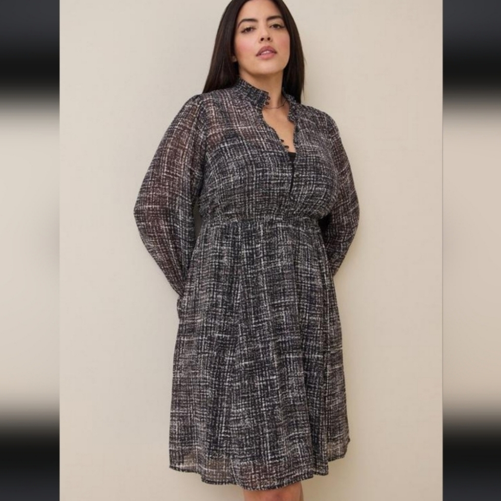 Torrid Mini Chiffon Mock Neck Long Sleeve Dress Scratch Plaid Pattern Size 4X